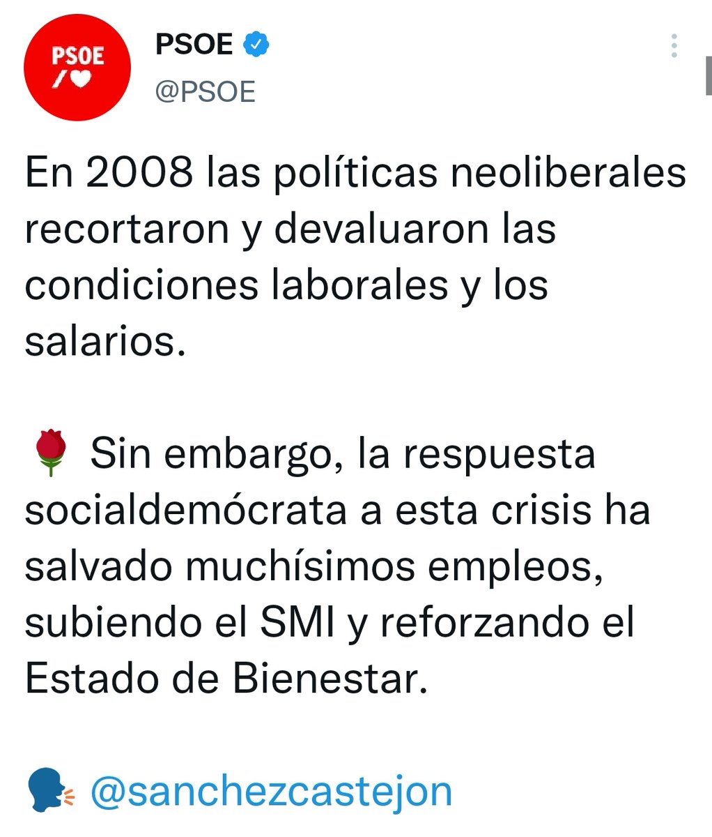 Benditapuntoeu's tweet photo. ⛔ BULO de @sanchezcastejon y @PSOE. "En 2008, las políticas neoliberales recortaron y devaluaron las condiciones laborales y los salarios".

❌ FALSO: En 2008 gobernaba el @PSOE de Zapatero (lo hizo desde abril de 2004 a diciembre de 2011). https://t.co/JTKN8w95of https://t.co/ZY1n9Iw28X