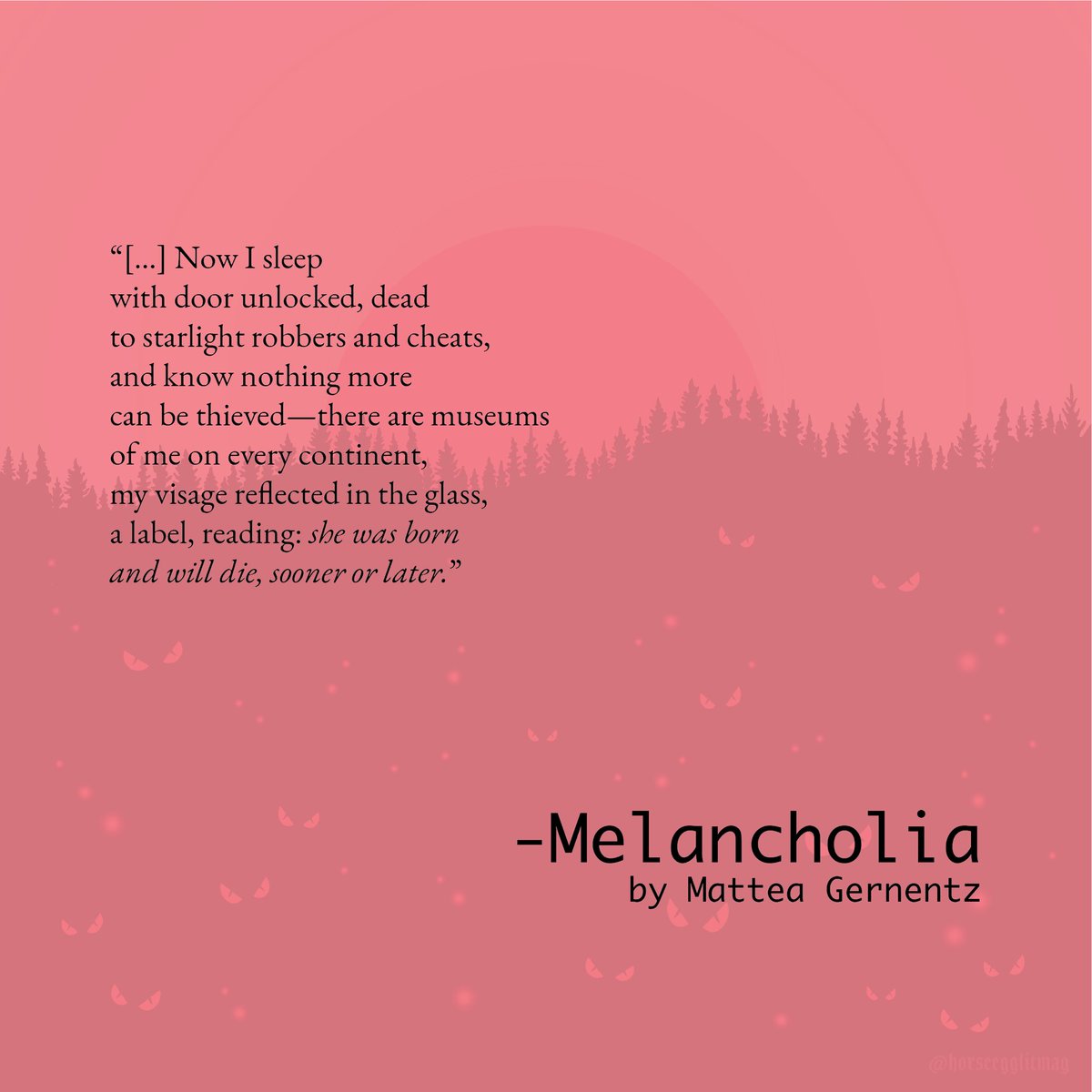 horse egg literary (@horseegglitmag) on Twitter photo Visit a museum of self-reflection in <a href="/thewhimsicalowl/">Mattea Gernentz</a>’s poem “Melancholia.”
🪞
Read the full poem on our website: horseeggliterary.com/post/melanchol… Visit a museum of self-reflection in <a href="/thewhimsicalowl/">Mattea Gernentz</a>’s poem “Melancholia.”
🪞
Read the full poem on our website: horseeggliterary.com/post/melanchol…