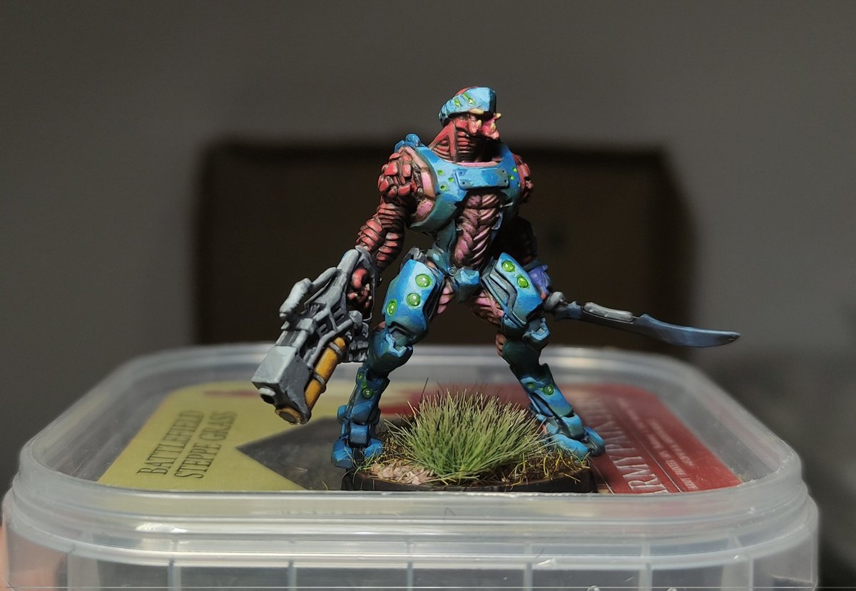 RepostTotal's tweet photo. Aaaaand...done! Not so happy with the armour but I like the result overall 🧐 Now it's time to wrap everything up about this booster pack with a blog post: stay tuned! #CombinedArmy #InfinityTheGame #Shasvastii #Jayth #paintingminiatures #visorsandmartialarts https://t.co/ex1lHw2pQy