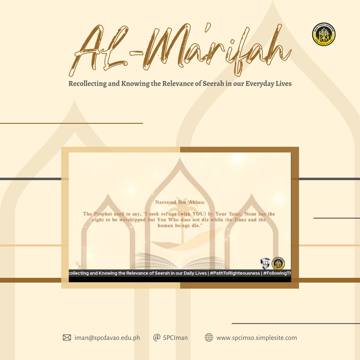 SPCIman's tweet photo. 𝗡𝗢𝗪 𝗛𝗔𝗣𝗣𝗘𝗡𝗜𝗡𝗚: Al-Ma’rifah: Recollecting and Knowing the Relevance of Seerah in our Everyday Lives-the first day of our Islamic Workshop, Morning session. 

Stream via FB LIVE: https://t.co/ec6CDfmu5j

#Al-Ma’rifah
#FollowingFootsteps
#IMSO2122
#FidDunyaWalAkhirah🤲🏼 https://t.co/X4GzqCaQsS