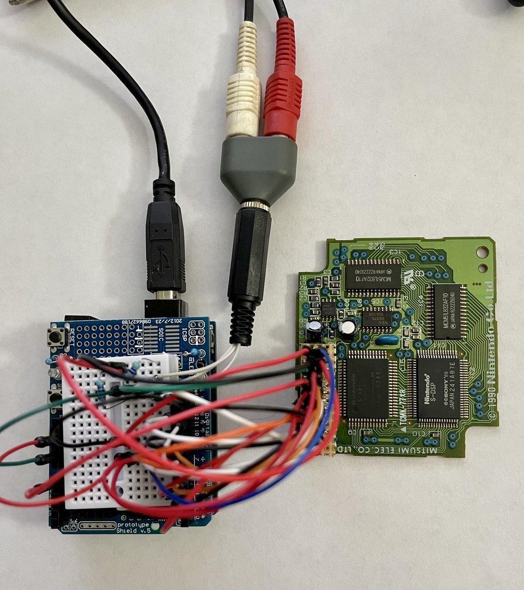 EstebanVLobos's tweet image. I wired up a #snes apu to an arduino uno today to play spc music on the real hardware. Next I’ll make a homebrew pi hat to plug it in without crazy wires everywhere.
