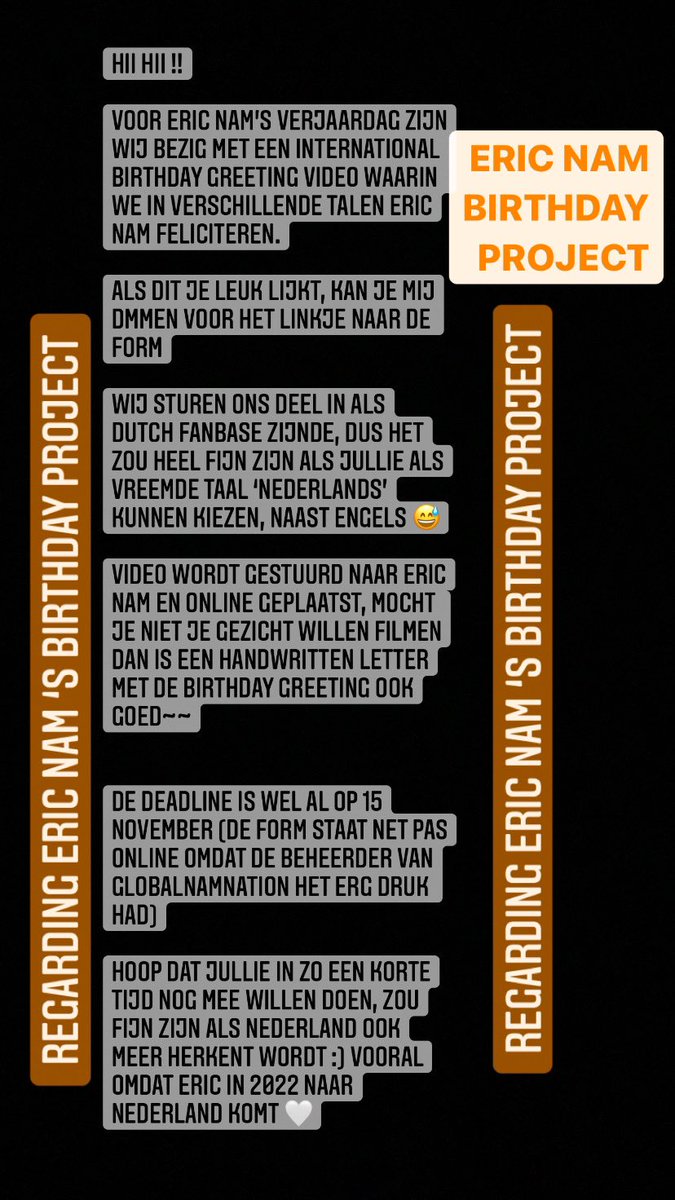 EricNam_NL's tweet photo. ‼️ERIC NAM BIRTHDAY PROJECT‼️
Je kan een reactie achterlaten, dan stuur ik de google form via dm :)
#DutchKpop #Kpop #EricNam #Ericnambirthday #Namnation https://t.co/gVxrzRZovG