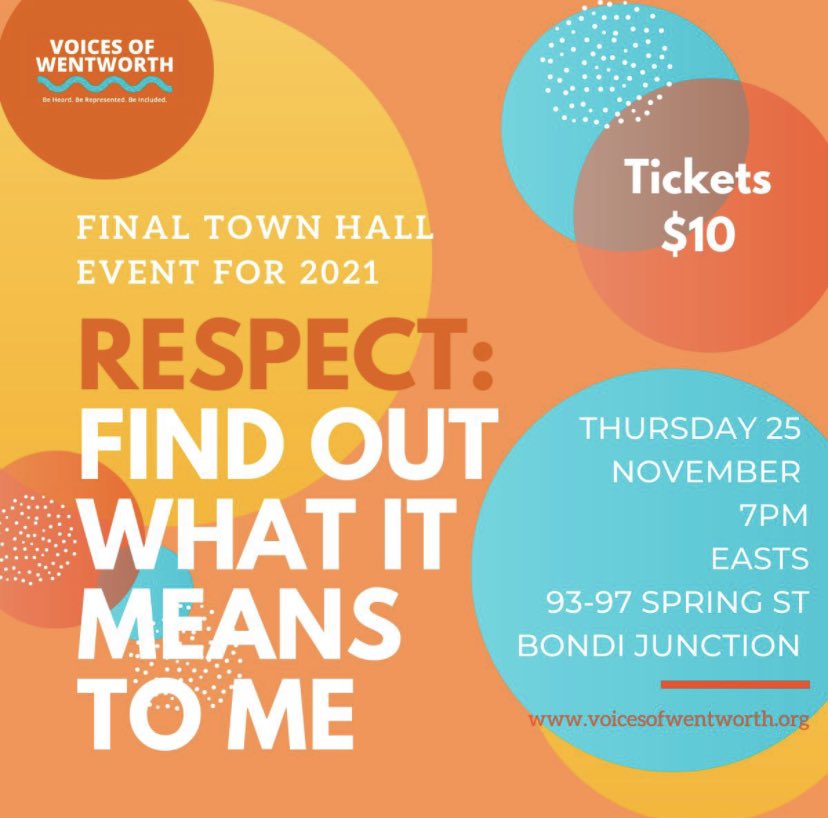 VoicesWentworth's tweet photo. 🤩🤩 Get your tickets! 7pm Thurs 25 Nov

Final 2021 Town Hall…it’s a big one!  
 
Women: Safety | Equality | Power 

What could the Fed Gov’t be doing better?  

How can we harness enormous shifts in public expectations about the treatment of women? 

https://t.co/79c8AqWw99 https://t.co/hrIMB4XiU3