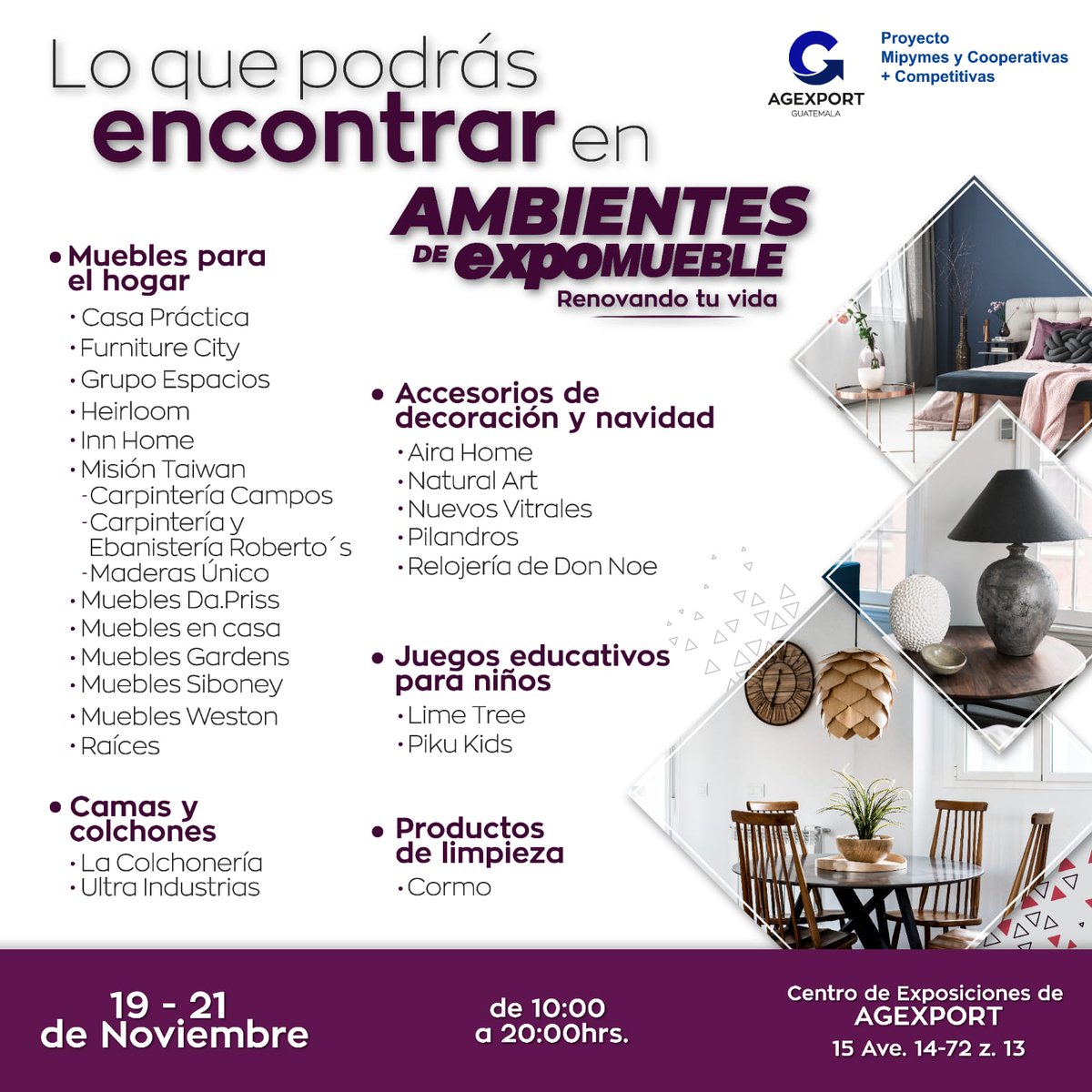 Este viernes 19 de noviembre abrirá las puertas #AmbienteExpomueble2021 😍Vean todo lo que podrán encontrar en un solo lugar 👇 Estará en  <a href="/AGEXPORTGT/">AGEXPORT</a> hasta el domingo 22 abierto de 10 am a 20 horas.