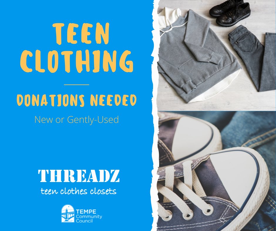 TempeCommunity's tweet photo. Cleaning out your closets this weekend or doing some shopping?
Donate teen clothing items to Threadz benefitting Tempe teens. CRITICALLY LOW. Also needed: shoes, new underwear, socks & hygiene products - esp. ethnic hair products.
MORE INFO https://t.co/0LRL66KRFu https://t.co/ziZBn6HOVh