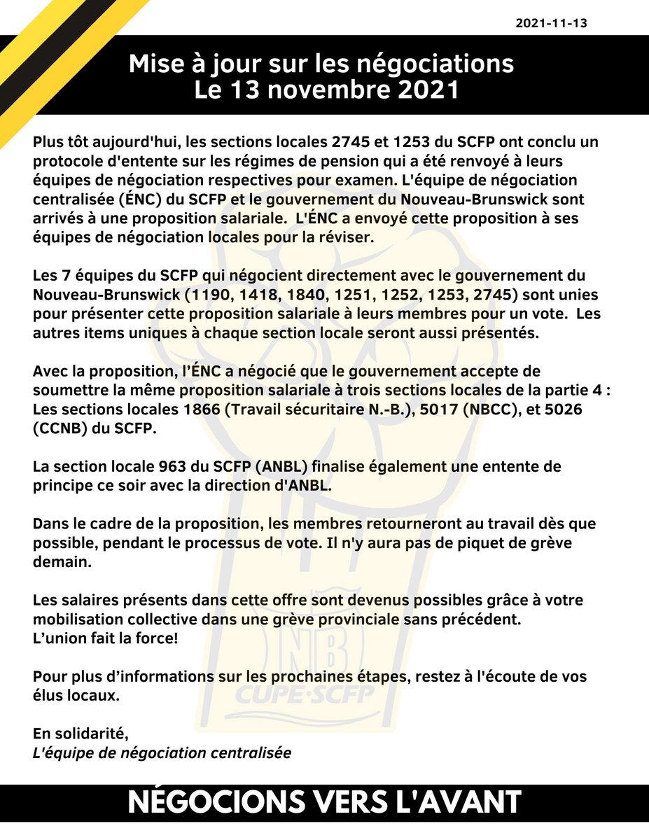 CupeMaritimes's tweet photo. The latest update from the Centralized Bargaining Team. // La mise à jour la plus récente de l'Équipe de négociation centralisée. https://t.co/BNoVYlqpi9