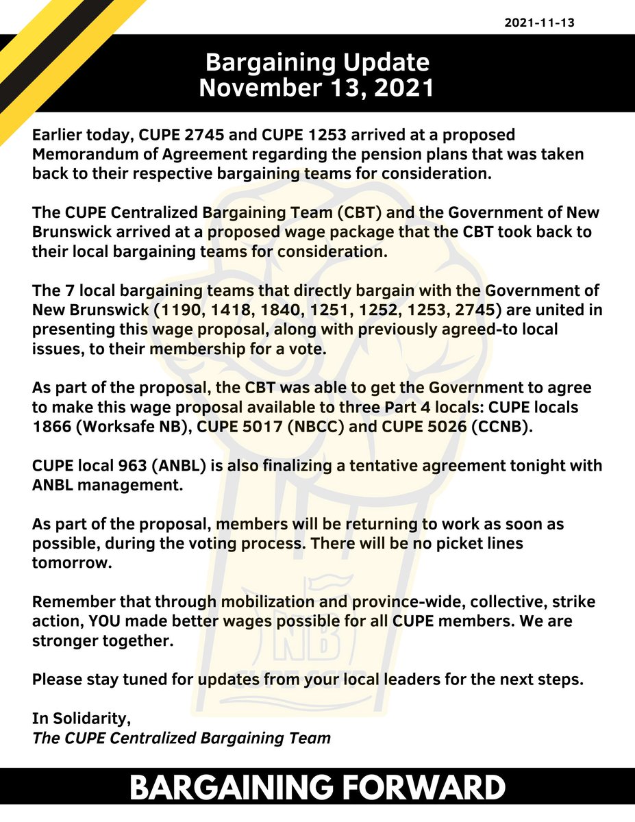 CupeMaritimes's tweet photo. The latest update from the Centralized Bargaining Team. // La mise à jour la plus récente de l'Équipe de négociation centralisée. https://t.co/BNoVYlqpi9