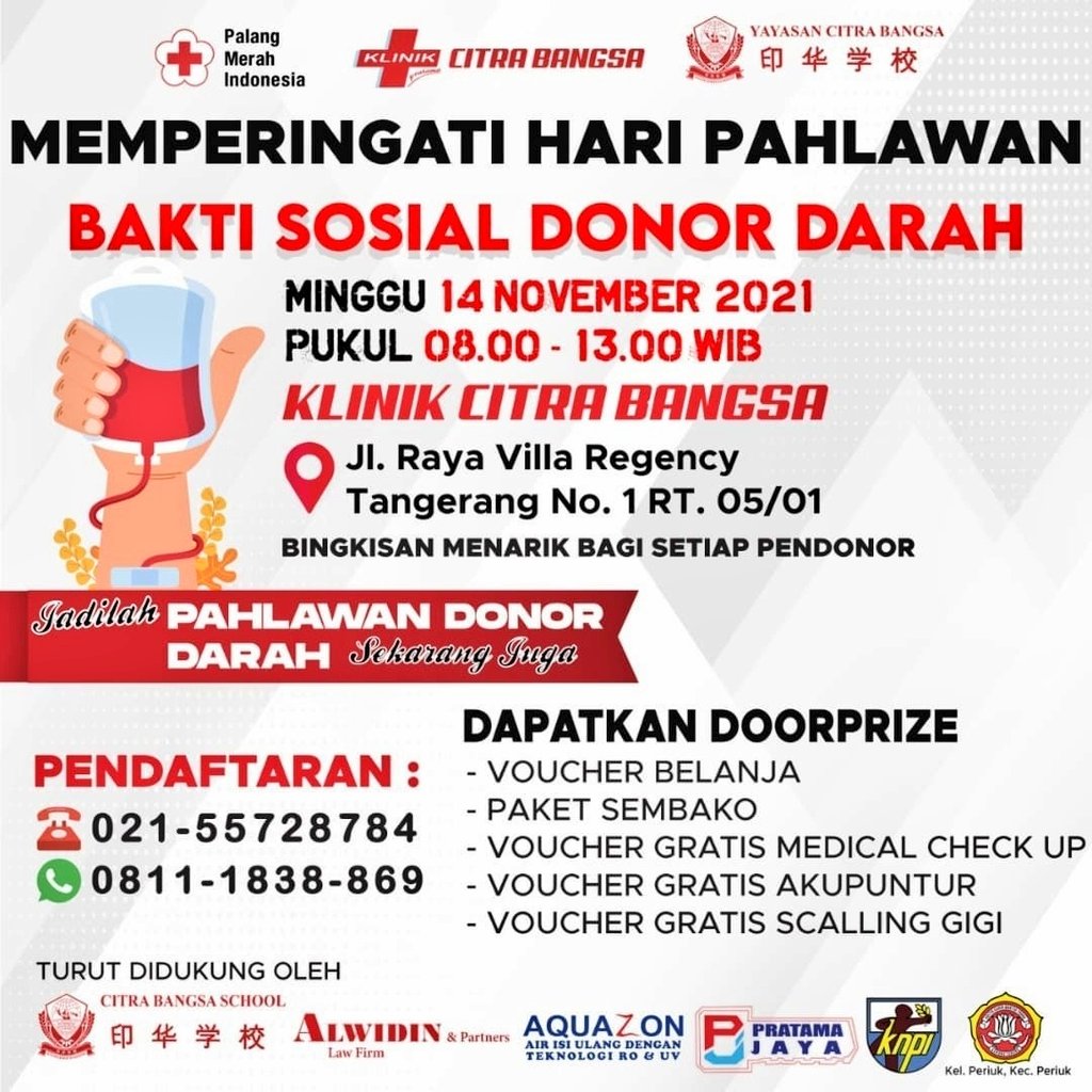 Yuk ikut serta aksi #DonorDarah di Klinik Citra Bangsa #Tangerang dan dapatkan bingkisan menarik utk setiap pendonor serta doorprize bagi yang beruntung😍
Hanya hari ini jam 08.00-13.00 WIB.
<a href="/pmitangerangkab/">PMI Kabupaten Tangerang</a> <a href="/PMIINDONESIA1/">PMI INDONESIA</a> 
#DonorDarahTangerang  <a href="/Blood4LifeID/">BFL INDONESIA</a>