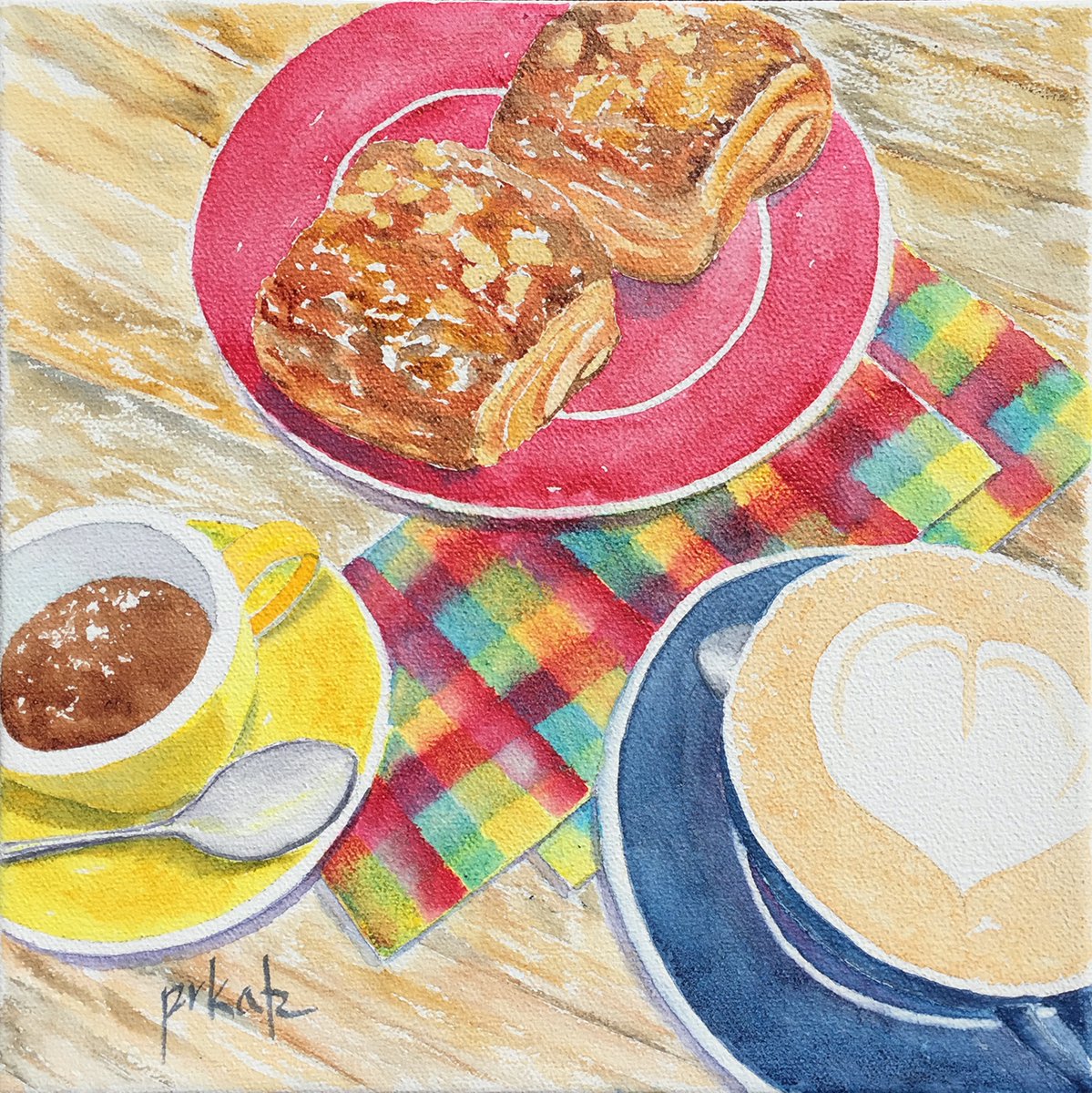 Rounding out the ‘Care For A Cuppa’ Exhibition are ten 10x10 watercolor paintings on canvas including: Croissants &amp; Coffee. An espresso, a cappuccino, and two almond croissants. Perfect ingredients for a slow and easy weekend morning. Watercolor On Canvas
pauseworks.com/patkatzartwp/s…