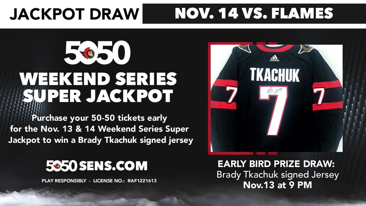 Senators's tweet image. The 50/50 Weekend Series Super Jackpot is already over $30,000 ❗❗❗

Get your tickets 🎟🎟 for today's big prize at 5050sens.com !