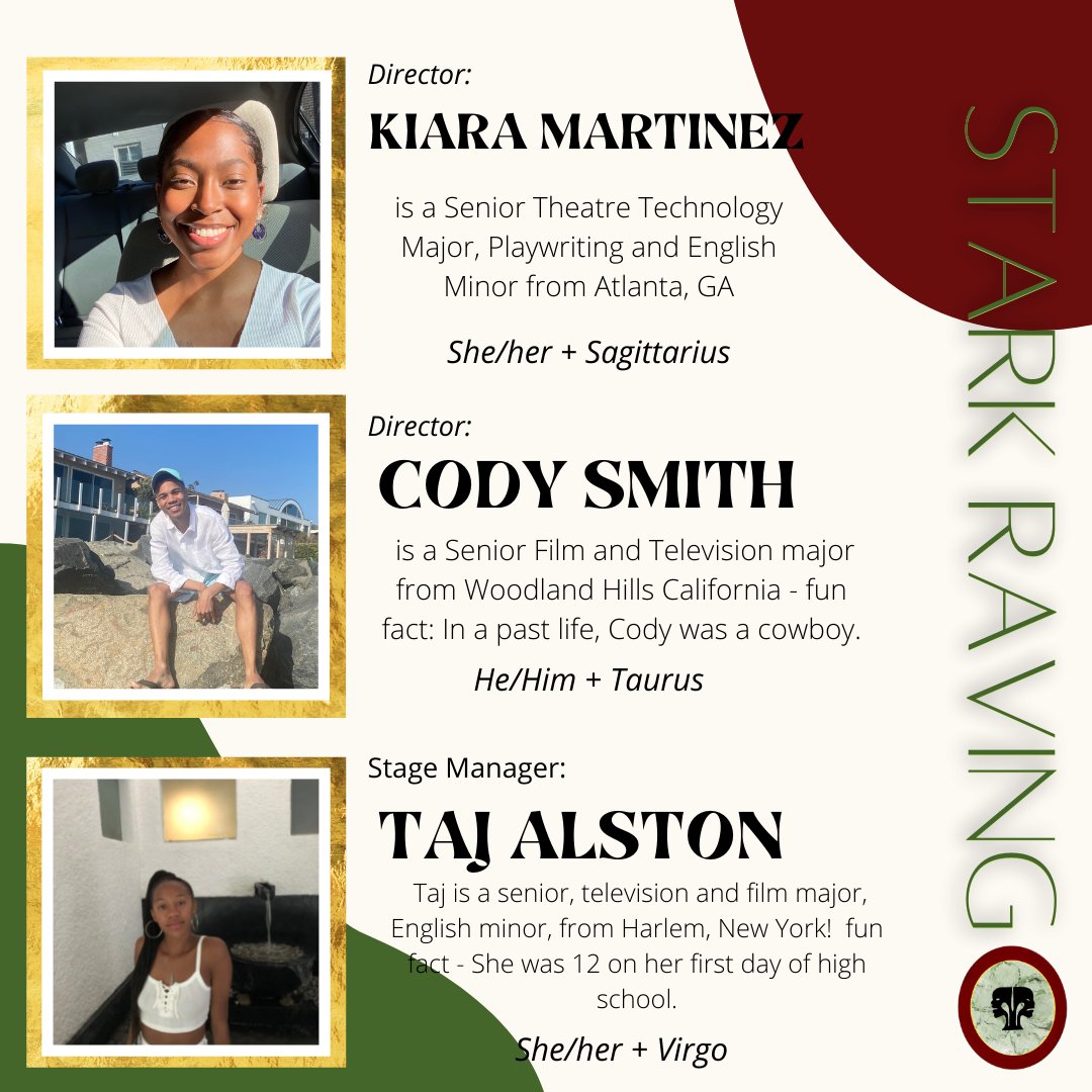 HowardPlayersHU's tweet photo. 📸NOW INTRODUCING: KIARA, CODY, TAJ !!! 📸
STARK RAVING, one of our 8x10 plays is proud to announce their stage manager and directors...KIARA MARTINEZ, CODY SMITH, AND TAJ ALSTON !!! 
.
Keep following to see more about the Howard Players 4th Annual 8X10 Play Festival! https://t.co/LbBy0dUk0S