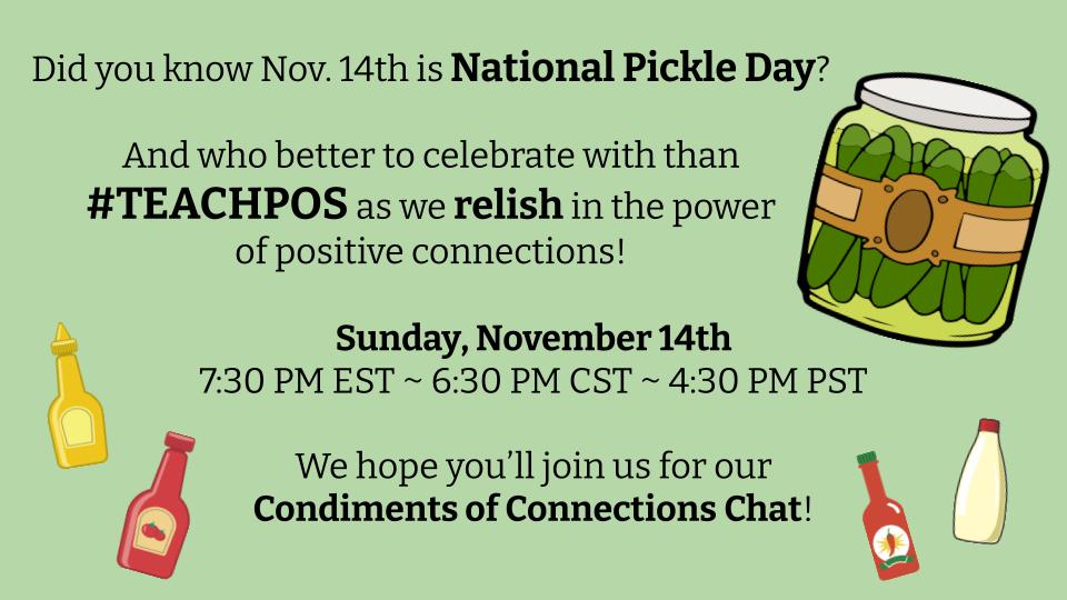 Honored to be hosting #teachpos tomorrow! This is my first time moderating a twitter chat, so it's kind of a big dill 😉 Hope you can join the conversation!
<a href="/MrsLCumming/">Dr. Lauren Cumming</a> @lcscott3s <a href="/ReneeBarry70/">Renee Barry</a>  @SaraMiner4 @mrsguilstorf <a href="/MrStephens1985/">Jefferson Stephens</a> <a href="/GlastetterSci/">Emily Glastetter</a> <a href="/kurtisherzog88/">Kurt Gewinner</a> <a href="/ghartman/">Dr. Gina Hartman</a>