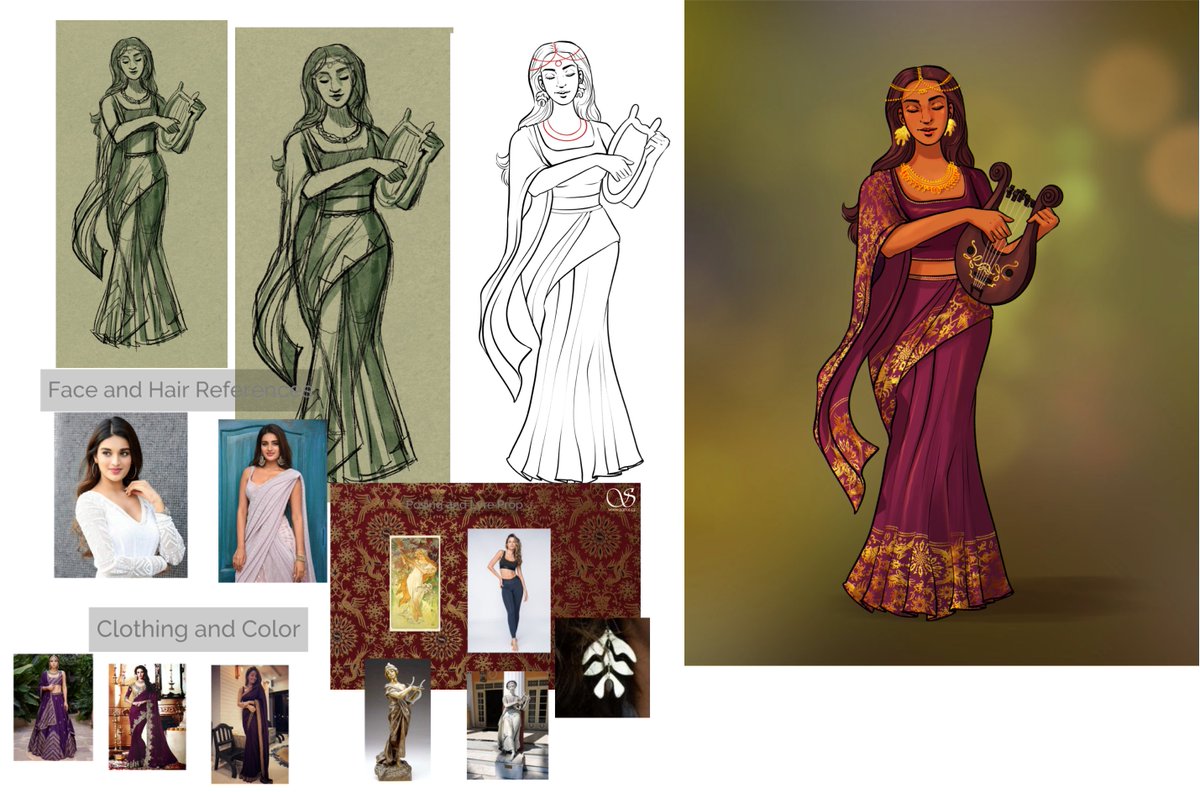 I made some process boards as well! I was given specific and helpful references for these character's awesome outfits, which made putting them together way more fun! I'm most proud of the brocade on Bellona's clothing I think : > 