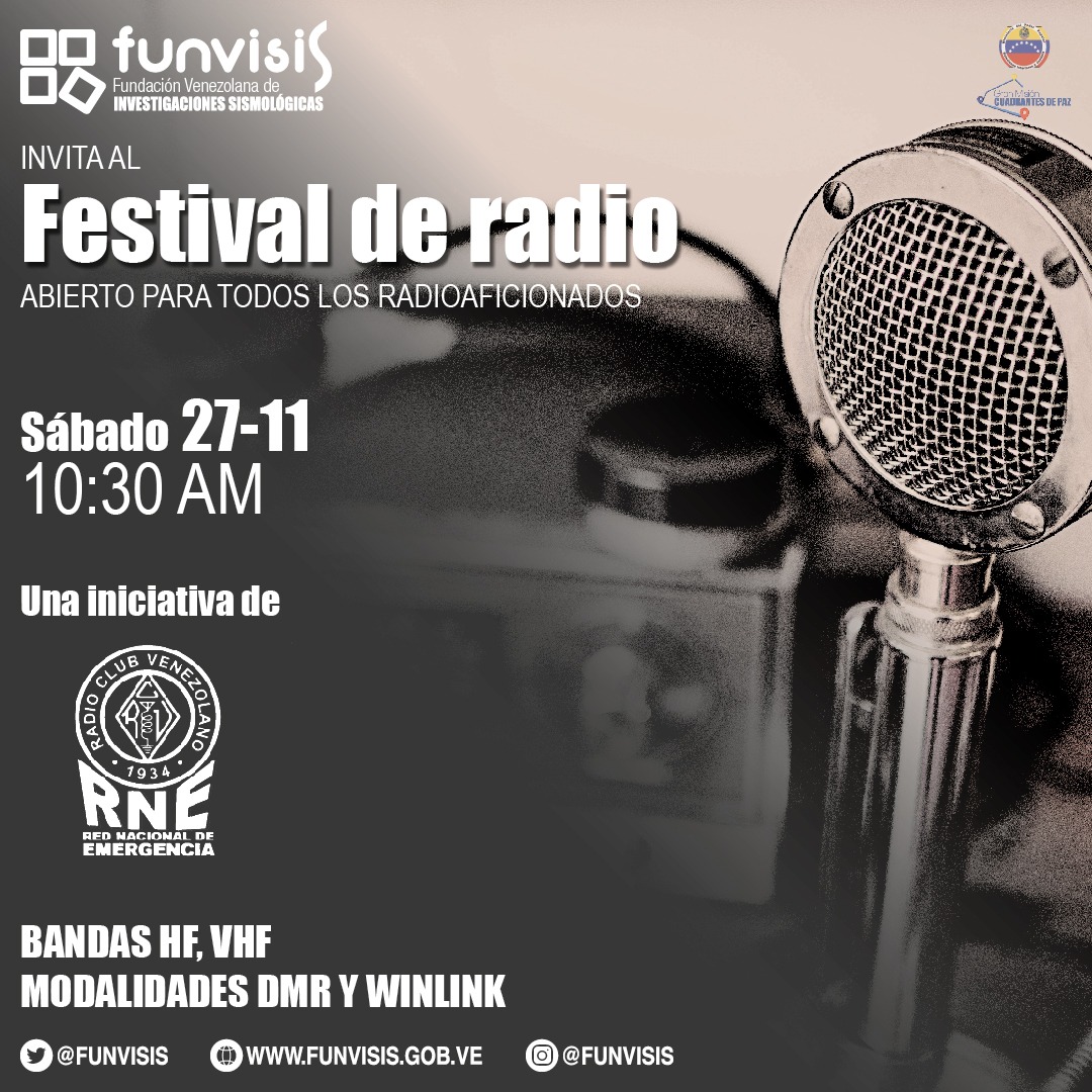 FUNVISIS's tweet photo. #Informamos 📌| @Funvisis y @YV5AJ_RCV invitan al:

1º Festival de Radio Funvisis 2021.

Recordando 12 años del Terremoto de Siquisique.

¿Cuándo?
🗓 Sábado 27 de noviembre de 2021
⏰ 10:30 am a 12:30 pm 

¡Llevando más lejos la sismología nacional! https://t.co/H0WzJl1Z1f