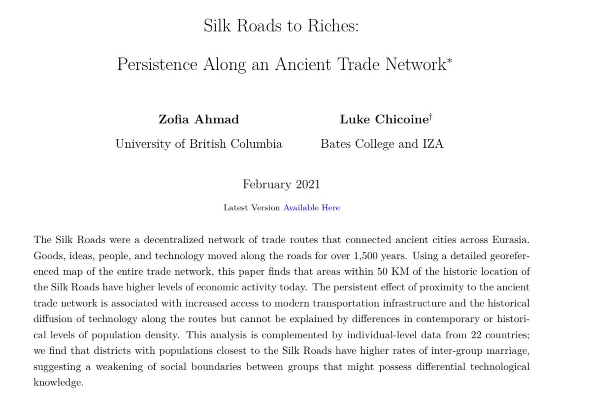emollick's tweet photo. The ancient Silk Road faded five centuries ago, but its cosmopolitan &amp; trade effects linger: areas within 50km of the old Silk Roads have higher development, trade, and intermarriage among ethnic groups today, in ways not explained by population density. https://t.co/FSHFFiGjPj https://t.co/bptMwqnOJ4