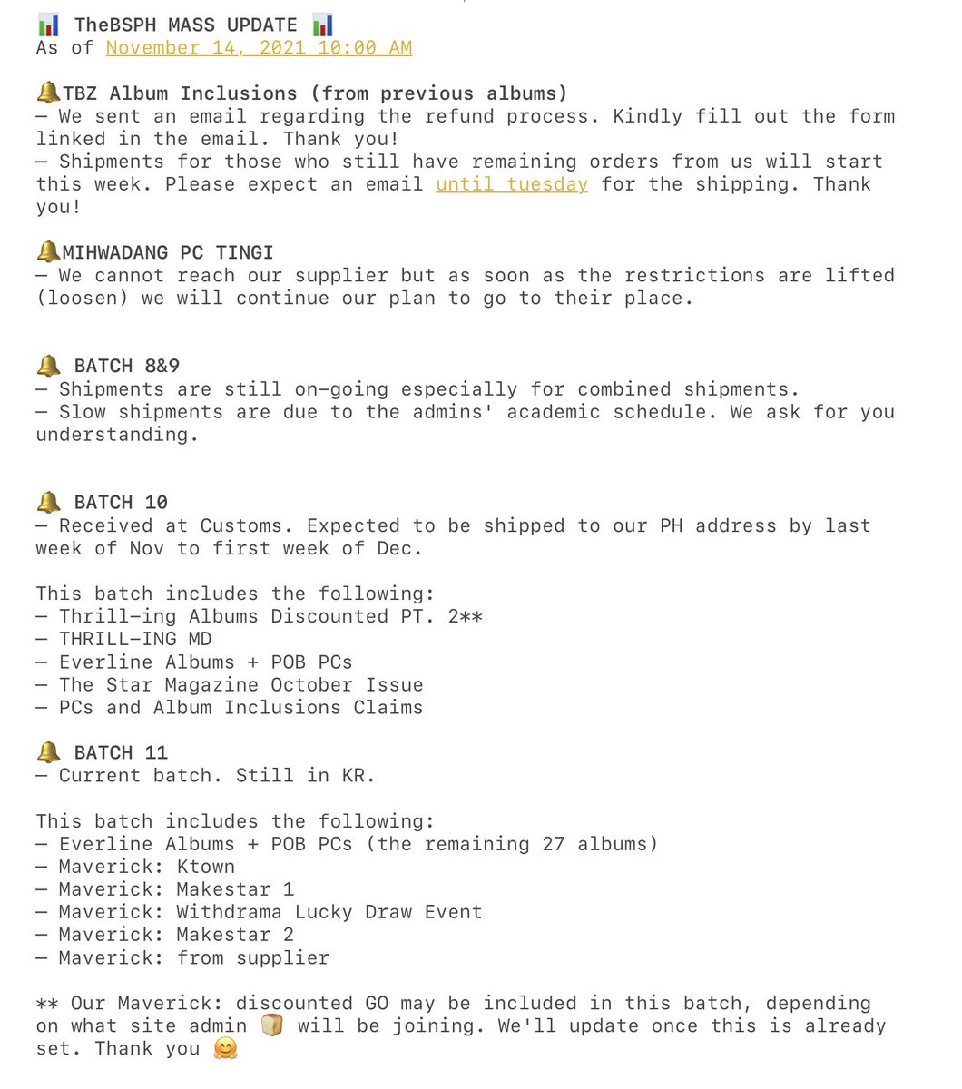 TheBScribblesPH's tweet photo. [#TheBSPHUpdates] 
📊MASS UPDATE as of 11.14.21 📊

Kindly read everything for clarifications. If you have any questions or concerns, please do not hesitate to dm us! Stay safe and stay healthy, The Bs!

Thank you very much! 🥰 https://t.co/NMVaJ5kgFl