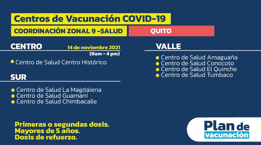 SaludPichincha's tweet photo. #PlanVacunación|| Este domingo 14 de noviembres podrás acudir a los siguientes centros de salud y de vacunación habilitados en #Quito.
Es momento de vacunarte, acude desde las 08h00 hasta las 16h00. ¡Te esperamos no faltes! https://t.co/iv43Es4Apc