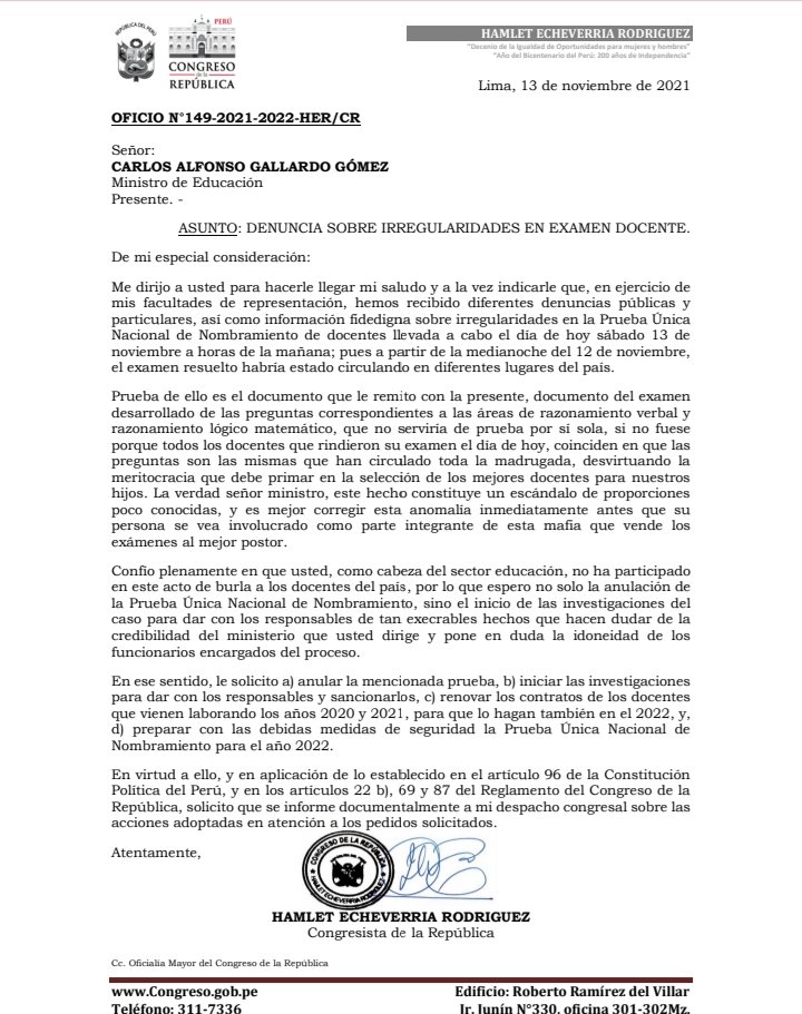 ESCÁNDALO POR EXAMEN DOCENTE
Este es un irresponsable hecho que mancha el sector educación. Según la denuncia del congresista <a href="/HamletEcheverri/">Hamlet Echeverría Rodríguez</a>, el examen desarrollado habría estado circulando antes de que sea tomado.
Pedimos respuestas del <a href="/MineduPeru/">Ministerio de Educación</a>, anulación e investigación.