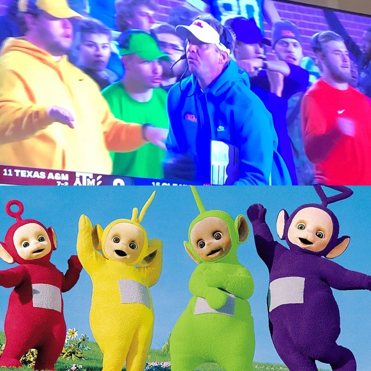 kellyejohnson's tweet photo. @OleMiss what’s going on with the Teletubbies on the sidelines?! 🤣#olemissfootball #olemiss @OleMissFB https://t.co/9nKtSgeoBv
