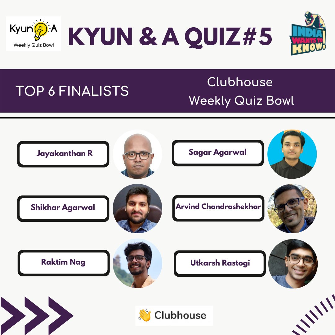 India Wants To Know: India's First Panel Quiz Show (@iwtkquiz) on Twitter photo Congratulations to all the finalists of this week's <a href="/KyunAndAQuiz/">Kyun and A</a>
<a href="/absurdswagger/">Mergatroid Skittle</a> #sagar #shikhar <a href="/arvindcac/">Arvind</a> <a href="/raktimkn/">Raktim Nag</a> #utkarsh
Come join us for the finals today at 4pm on <a href="/Clubhouse/">Clubhouse</a> with the amazing host @RandomVarun āØ
Event link:
clubhouse.com/join/kyun-a/6Rā¦
<a href="/ATSdotIn/">All Things Small</a> Congratulations to all the finalists of this week's <a href="/KyunAndAQuiz/">Kyun and A</a>
<a href="/absurdswagger/">Mergatroid Skittle</a> #sagar #shikhar <a href="/arvindcac/">Arvind</a> <a href="/raktimkn/">Raktim Nag</a> #utkarsh
Come join us for the finals today at 4pm on <a href="/Clubhouse/">Clubhouse</a> with the amazing host @RandomVarun āØ
Event link:
clubhouse.com/join/kyun-a/6Rā¦
<a href="/ATSdotIn/">All Things Small</a>