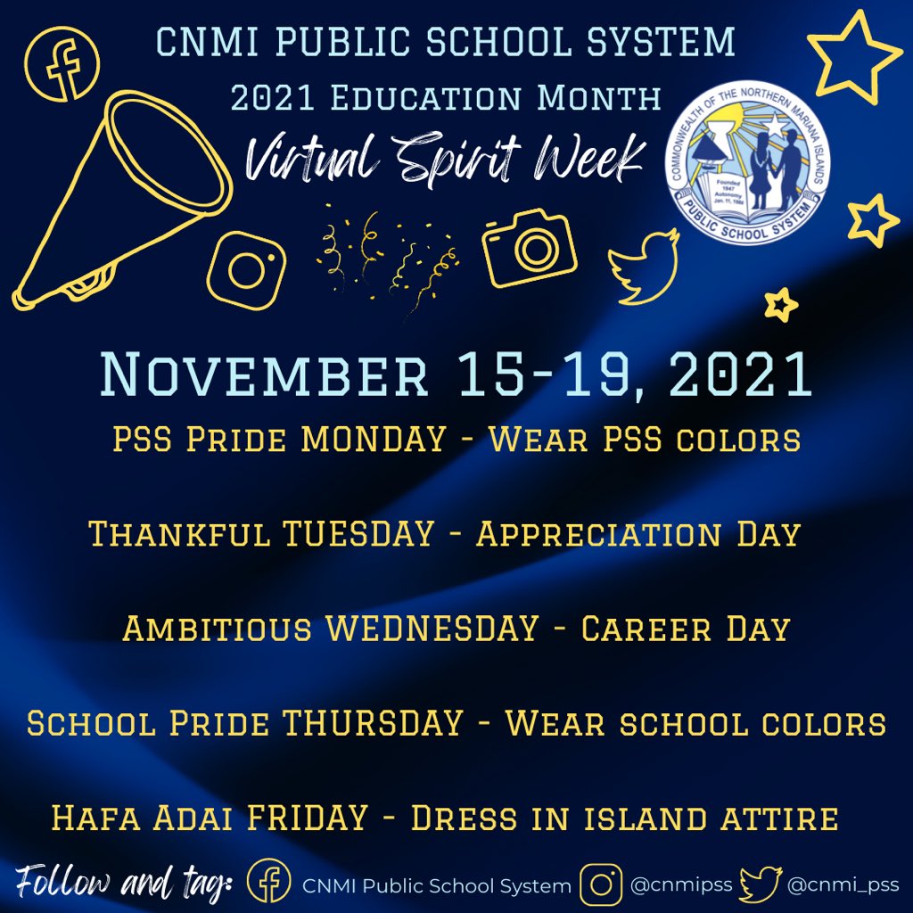 cnmi_pss's tweet image. In honor of Education Month, PSS is hosting a district-wide #VirtualSpiritWeek for all Saipan, Rota, and Tinian students to participate in! 

While we miss having our students on campus, we are excited to see everyone showcase their school spirit virtually this week. 🙌🏼