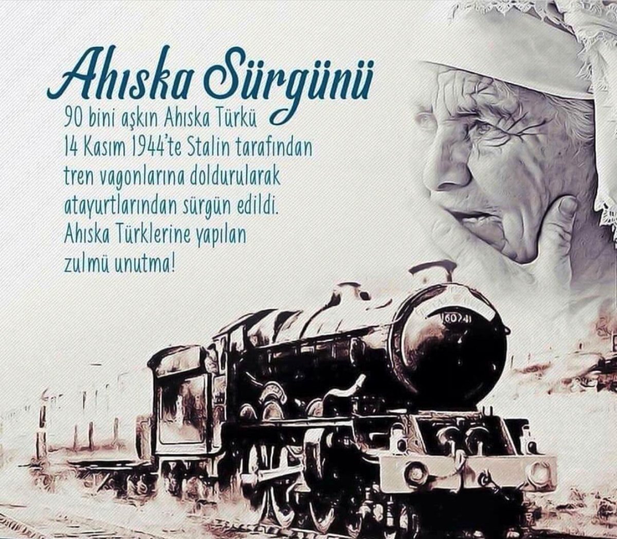 mehmetalikatip1's tweet image. 77 yıl önce #AhıskaTürkleri, Stalin&apos;in emriyle hayvan vagonlarına doldurularak vatanlarından koparılıp sürgün edildiler.

40 gün süren tren yolculuğunda binlerce  soydaşımız şehit oldu. Rabbimiz mekanlarını cennet eylesin.
#AhıskaTürkleriSürgünü&apos;nü unutma, unutturma…