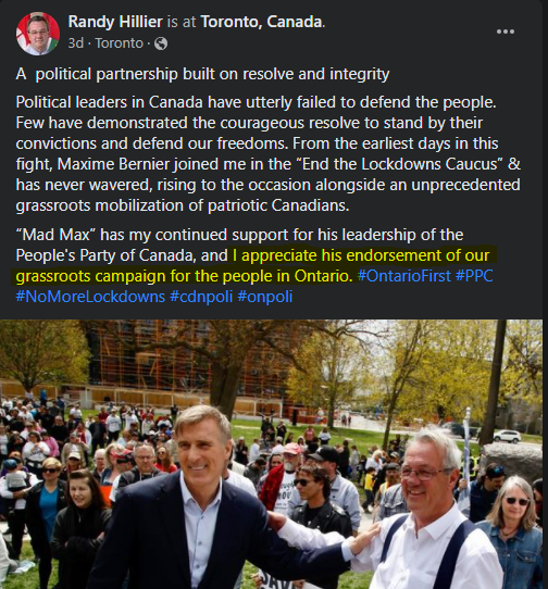 TruthMa65689961's tweet photo. @Sharon75571311 @Axe_Avita @CallMeHalfPnt 
The only one saying that Maxime Bernier has endorsed Randy Hillier is Randy Hillier Posted on Facebook 3 days ago. But I can find no endorsement from Max ANYWHERE. Photo is from April. Political trick or is it truth?
#truthplease https://t.co/1j3cCulMT5