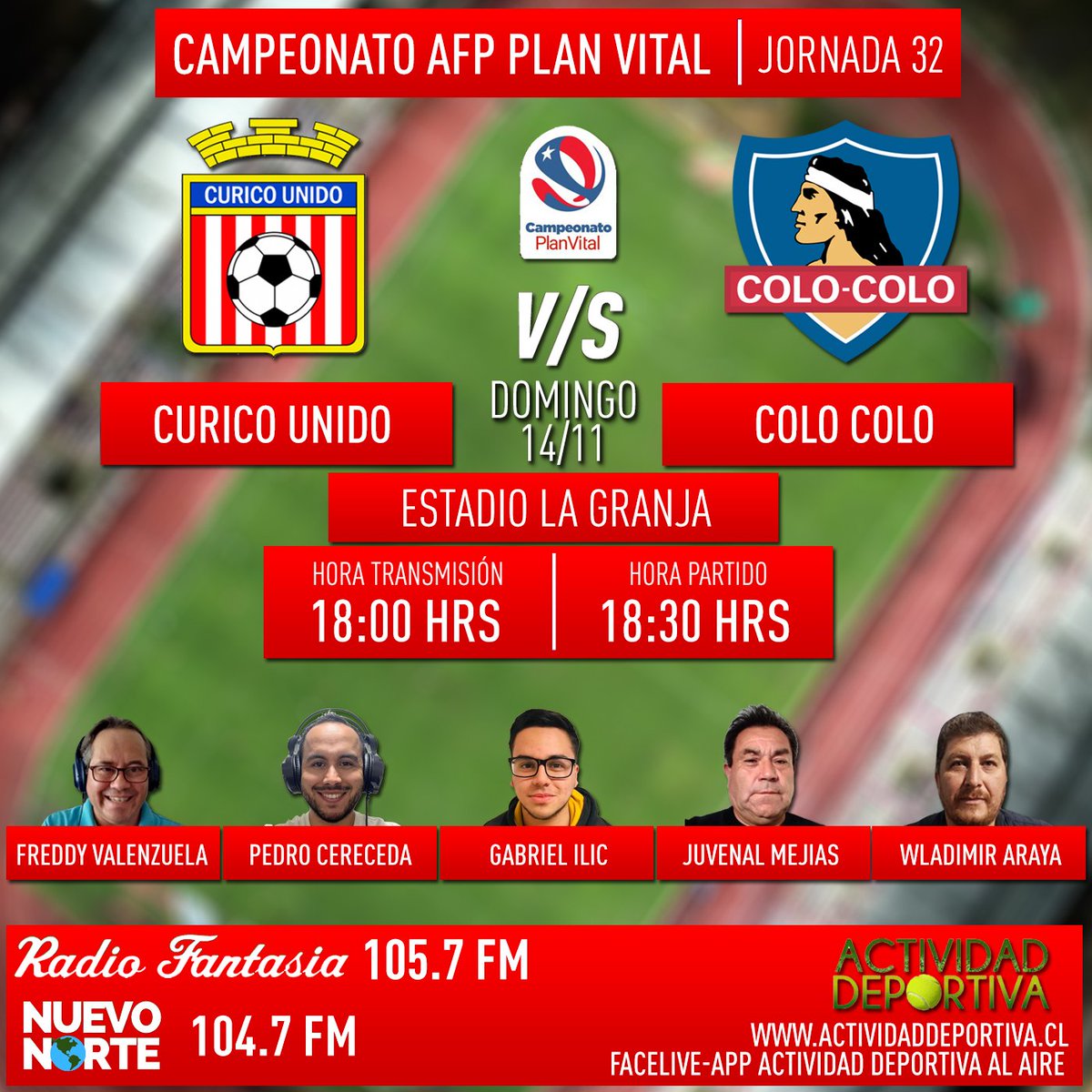 ActDeportivaCL's tweet photo. Domingo 14 Noviembre
@ActDeportivaCL Al Aire
@curicounidocdp
vs
@ColoColo
🎤Relatos:
@pcereceda
🎤Conducción /Comentarios:
@FValenzuelaMedo
🎤 Cancha:
@gabriel07ilic
🎤 Central Infórmativa:
@juvenalregino
🎤 Director General :
@wlaracor

Gentileza Flyer:
#chiledezign https://t.co/SQdH0L5Rsw