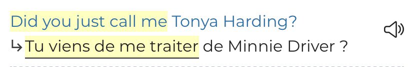 awunschbox's tweet photo. I was looking up a French translation, and now I’m wondering if “Minnie Driver” has been French for “Tonya Harding” this whole time https://t.co/rDUK62BjNf