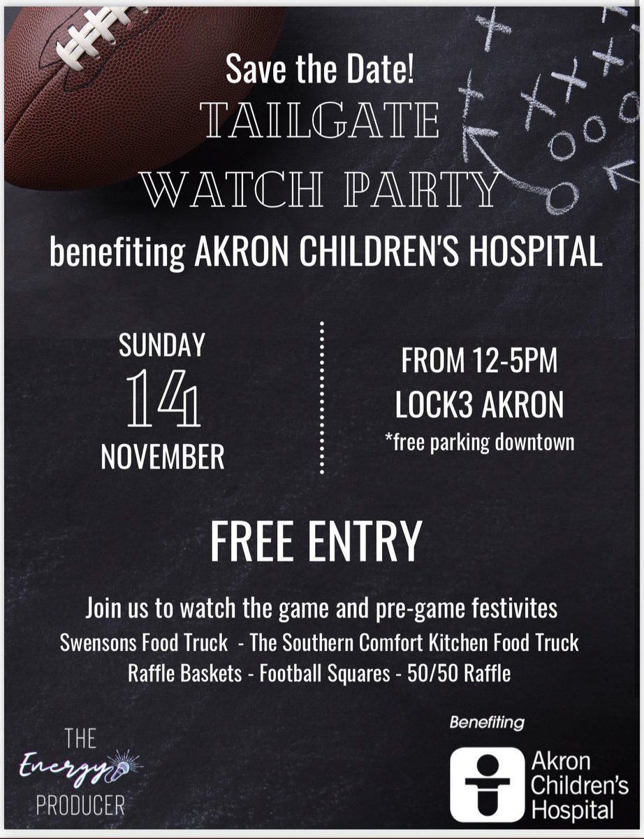 The tailgate watch party  <a href="/Lock3Akron/">Lock 3</a> is tomorrow at 12 noon! Enjoy some <a href="/sococreole/">Southern Comfort Kitchen, LLC</a> or <a href="/SwensonsDriveIn/">Swensons Drive-In</a>! For <a href="/AkronChildrens/">Akron Children's</a> kiddos! 🏈🙏⛄️