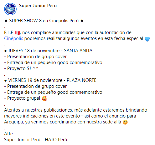 hatoperu's tweet photo. โ
SUPER SHOW 8 en Cinรฉpolis Perรบ โ
E.L.F ๐ต๐ช, nos complace anunciarles que con la autorizaciรณn de @CinepolisPE podremos realizar algunos eventos en esta fecha especial ๐
(+cont ๐)
Evento en FB:
https://t.co/9yPuOJMQXh
-----
#SuperJunior #SuperShow8Peru #PeruELF @SJofficial https://t.co/mp2DDFvdTy