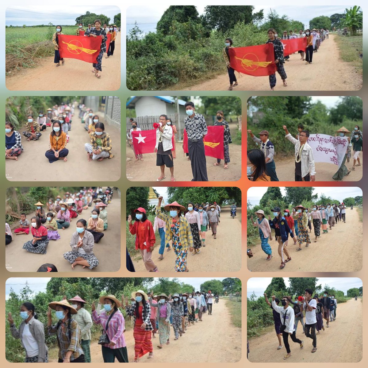 The 249th day of regular anti-authoritarian marching rally by the multi-villages strike of Sagaing's Salingyi and Yinmarpin tsps was powerfully emerged with unchanging morales and strength to overthrow the Dictatorship 🚩

#HelpMyanmarIDPs 
#Nov14Coup
#WhatsHappeningInMyanmar