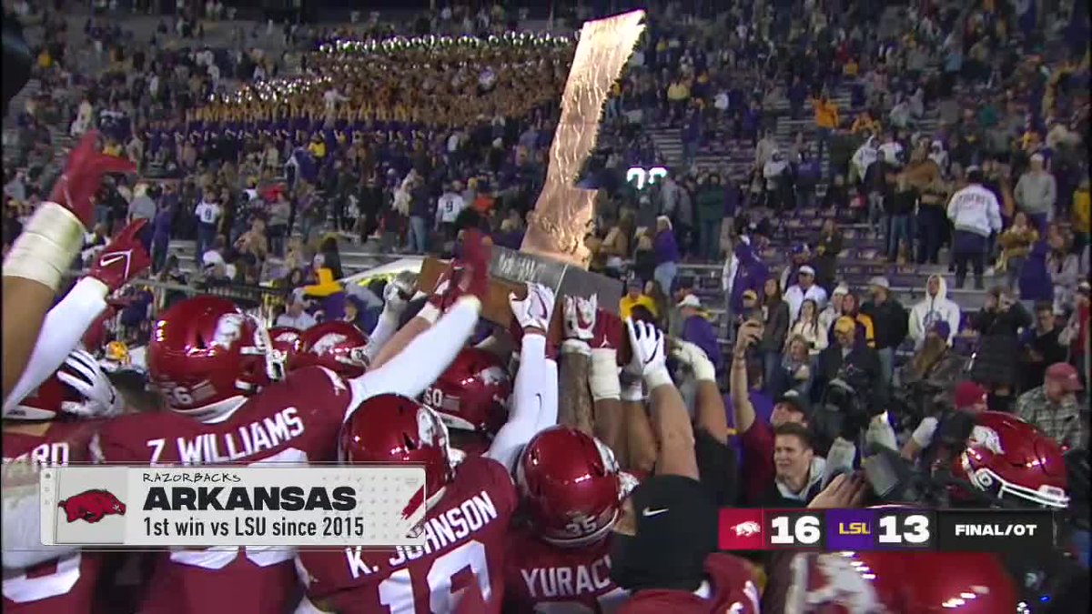 SECNetwork's tweet photo. HOGS WIN IN OT!

THE BOOT IS HEADED BACK TO FAYETTEVILLE! @RazorbackFB https://t.co/vu1JVhxWhr