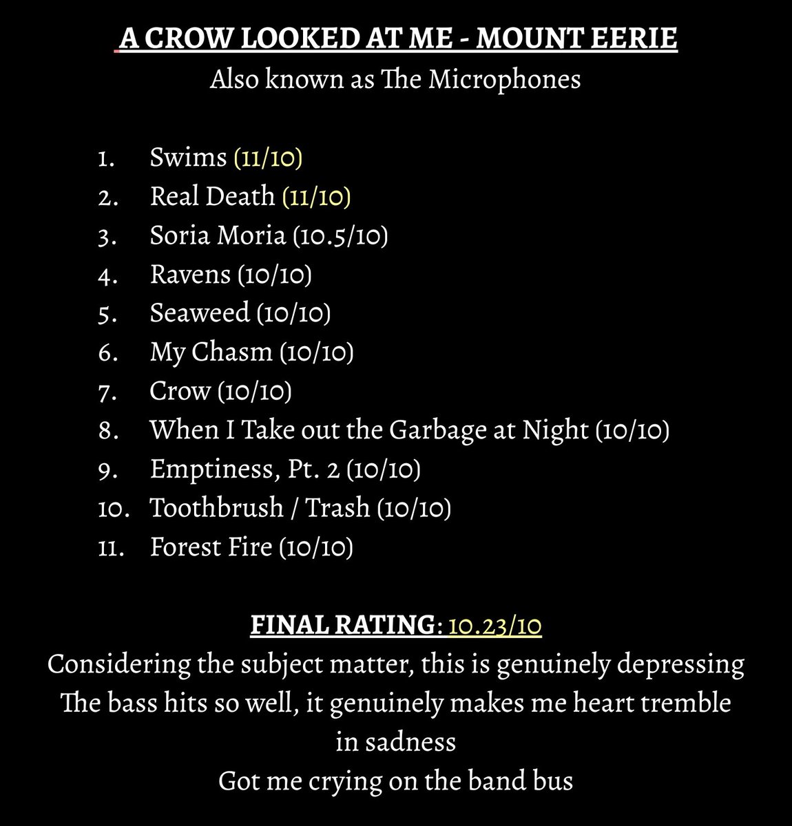 thescarecid's tweet photo. ALBUM 82 (11-13-21)
A Crow Looked At Me - Mount Eerie
holy fucking shit this was emotionally catastrophic
#dailyalbum #mounteerie #aclam #folk #haunting https://t.co/fEnF2BJUfs