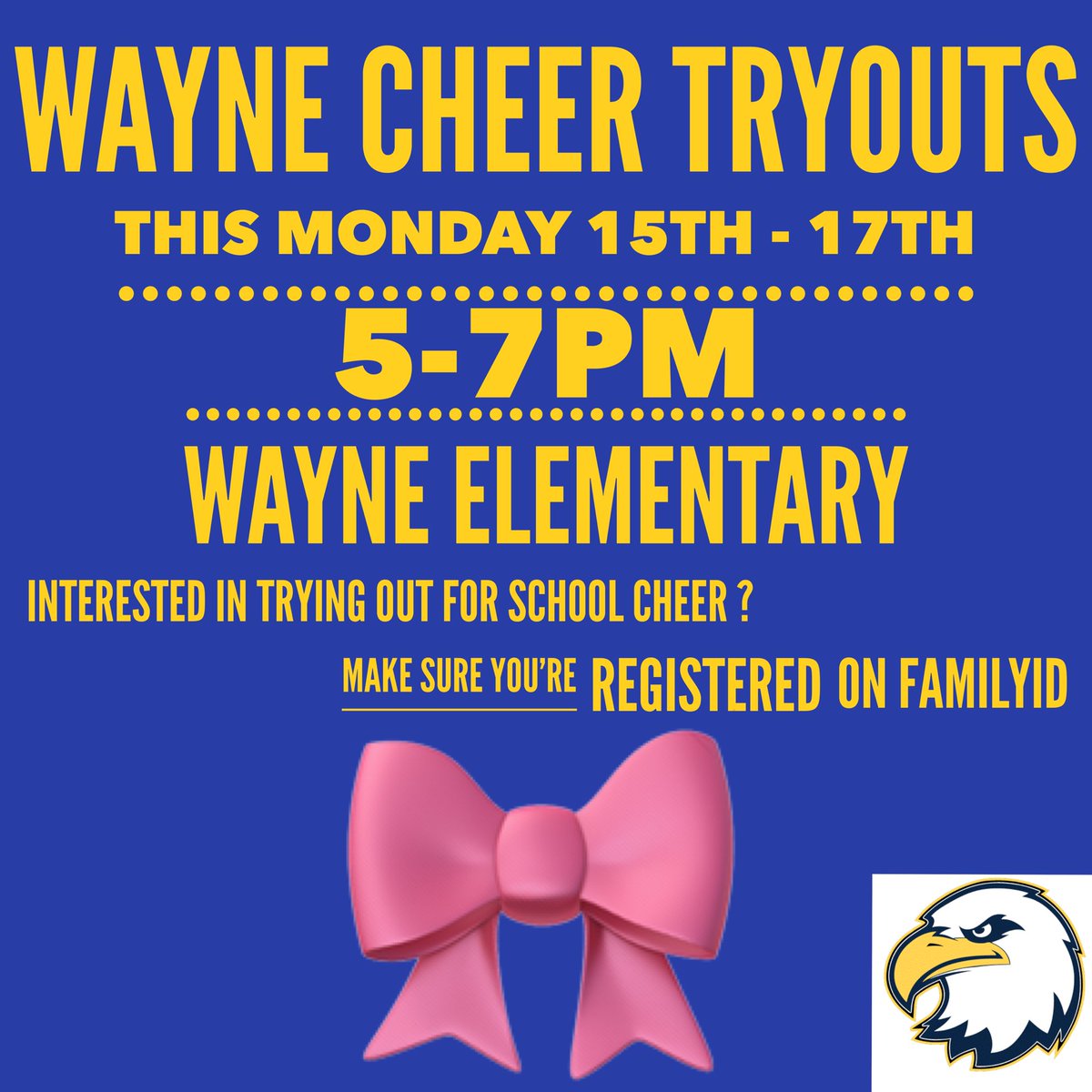 CheerWayne's tweet photo. 7th-12th graders ✨ If you have been thinking about joining Wayne cheer, now is the time! Make sure to register on FamilyID &amp; we can’t wait to see you Monday 🎀✨🎀 #flytogether #waynecheer @WCSD_Athletics https://t.co/kwSiHHaszq