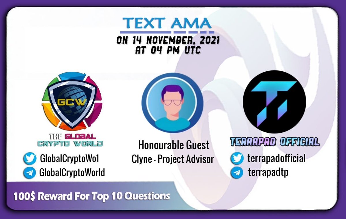alpha_airdr0p's tweet photo. 📢 We're Pleased to announce our next #AMA with @terrapadtp on 14th Nov, 04 pm UTC.

💰 Reward Pool: 100$
Venue: https://t.co/X5YhPvdpJz

♦️ Rules:
✅ Follow @GlobalCryptoWo1 &amp; @TERRAPADTP
✅ Like &amp; Retweet
✅ Comment Questions &amp; Tag 3 Friends with your BEP20 address. https://t.co/o1Tp3IP5Ak
