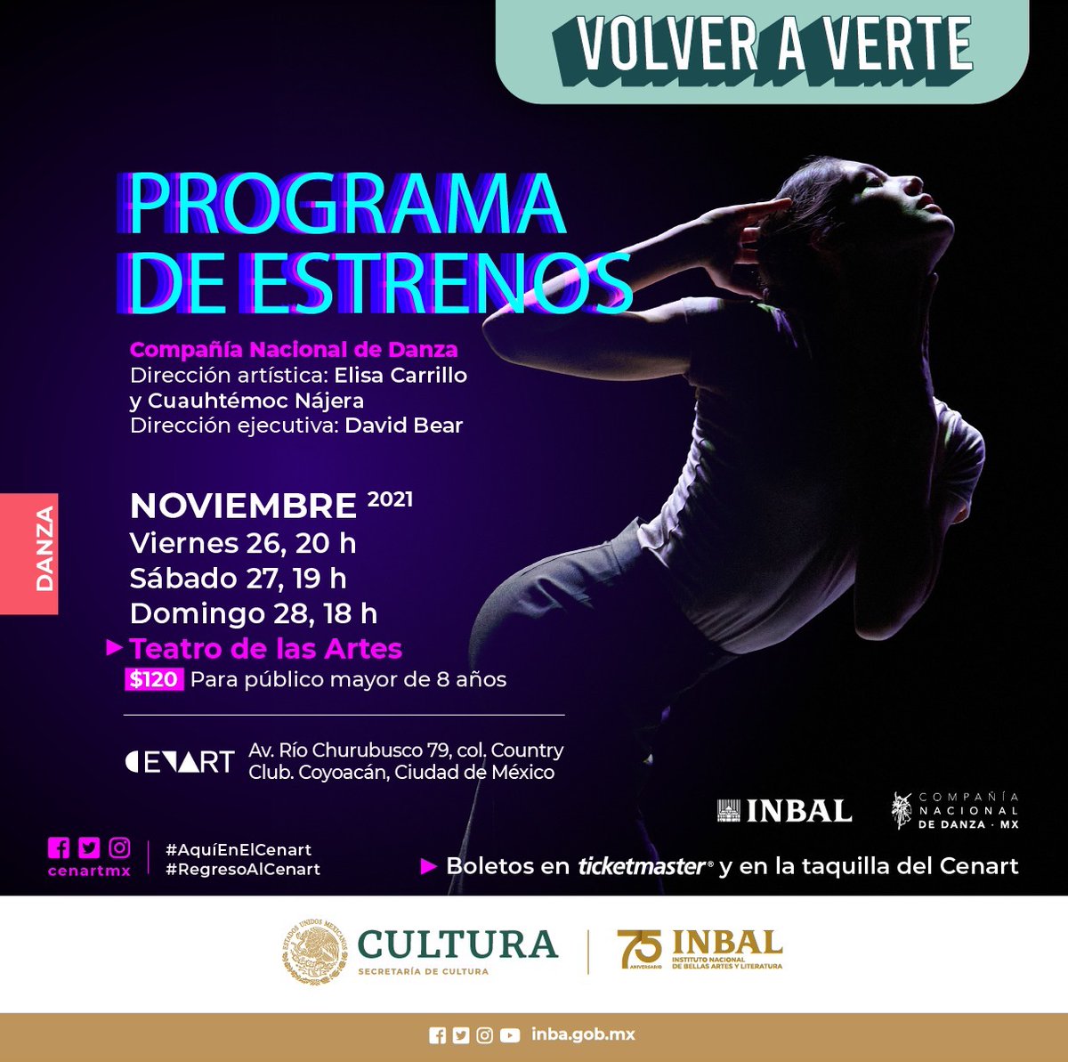 CNDanzaMX's tweet photo. ¡2 días para #VolverAVerte en el Teatro de las Artes del @cenartmx!

Disfruta del las obras "Impermanente", "Romanza", "Pasos" y "All long dem day".

#ProgramaDeEstrenos
🗓️NOV: Vie 26, 20h • Sáb 27, 19h • Dom 28, 18h
🎟️En taquilla y 👉 https://t.co/5qX6YP7vhT https://t.co/lwval6eeEV