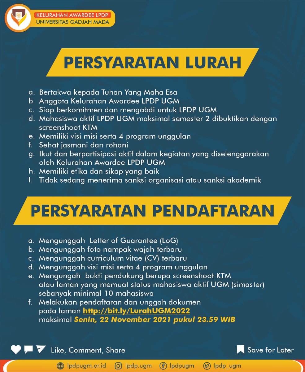 lpdp_ugm's tweet photo. 📣📣Siapakah Lurah selanjutnya???
Ayo segera daftarkan dirimu! Barangkali kamulah Lurah LPDP UGM selanjutnya 🤗 https://t.co/fJNv9OK8L5