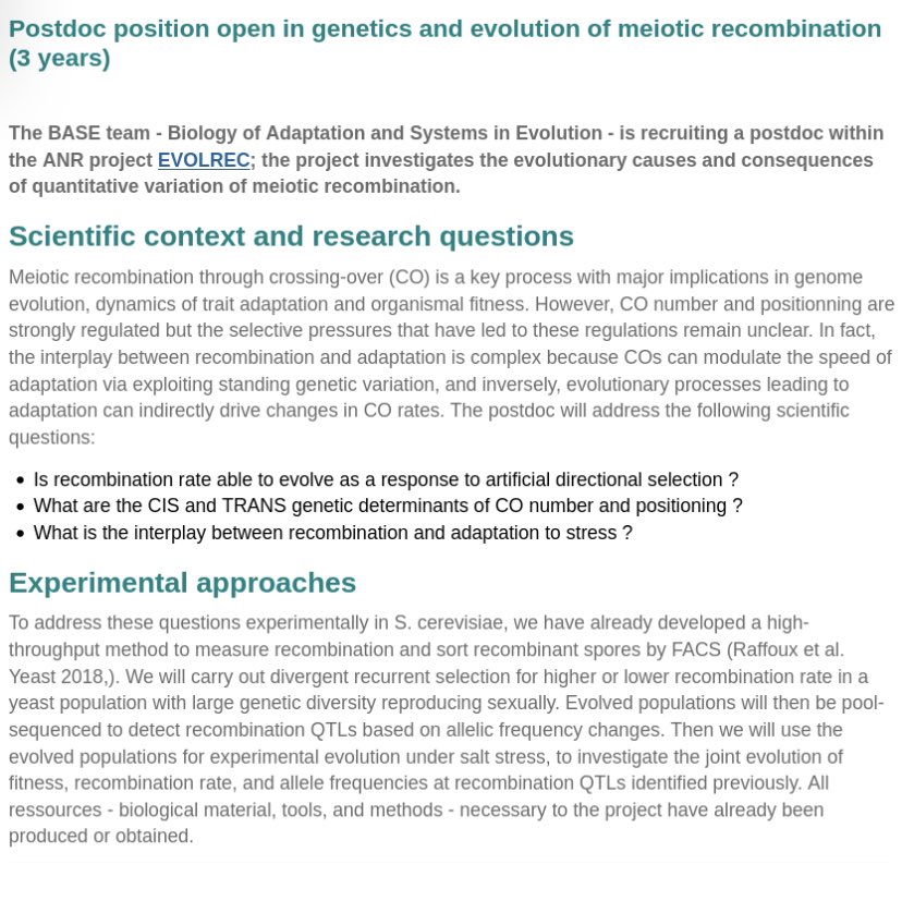 lemoulon's tweet photo. #jobalert ! PLEASE SHARE ! 3-yr postdoc @lemoulon starting March, 2022. #Yeast Experimental Evolution: evolvability of meiotic #recombination rate and interplay between recombination and dynamics of adaptation to stress. https://t.co/sc1cuqSOK7 https://t.co/eqlFhN4loI