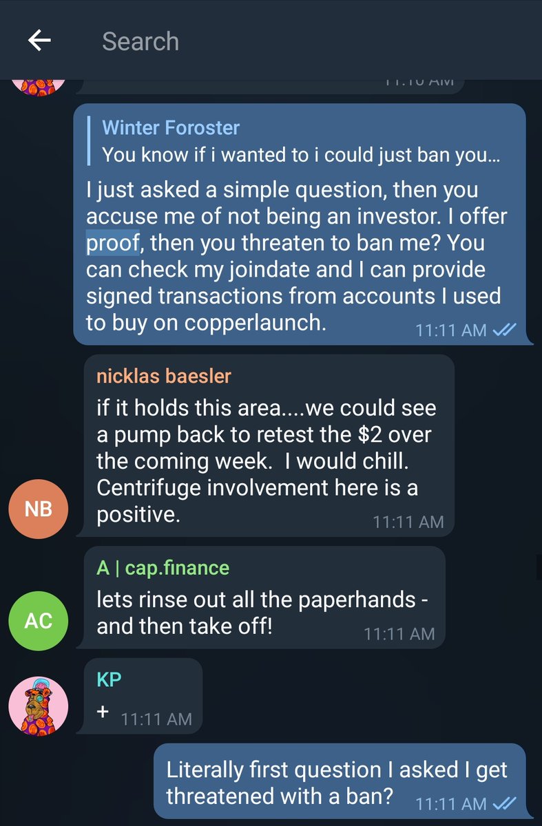 0xn3bs's tweet photo. @defactor_ Absolutely sickened by the Defactor admins behaviour in this Telegram. The first question I asked the admin questioned whether I was even an investor and threatened with a ban.

Total clown fiesta. Copperlaunch and Uni LP was a joke.
P.S. I was ultimately banned. https://t.co/5UwRMn3pS1