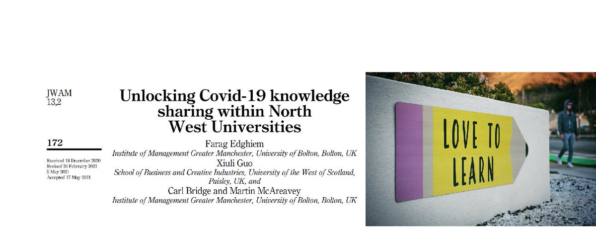 Knowledge management (KM) plays an important role in HEIs’ success, this paper aims to explore the current practices of collaborative knowledge sharing (KS) between North West Universities during COVID-19 transition.emerald.com/insight/conten… #covid #knowledgemanagement