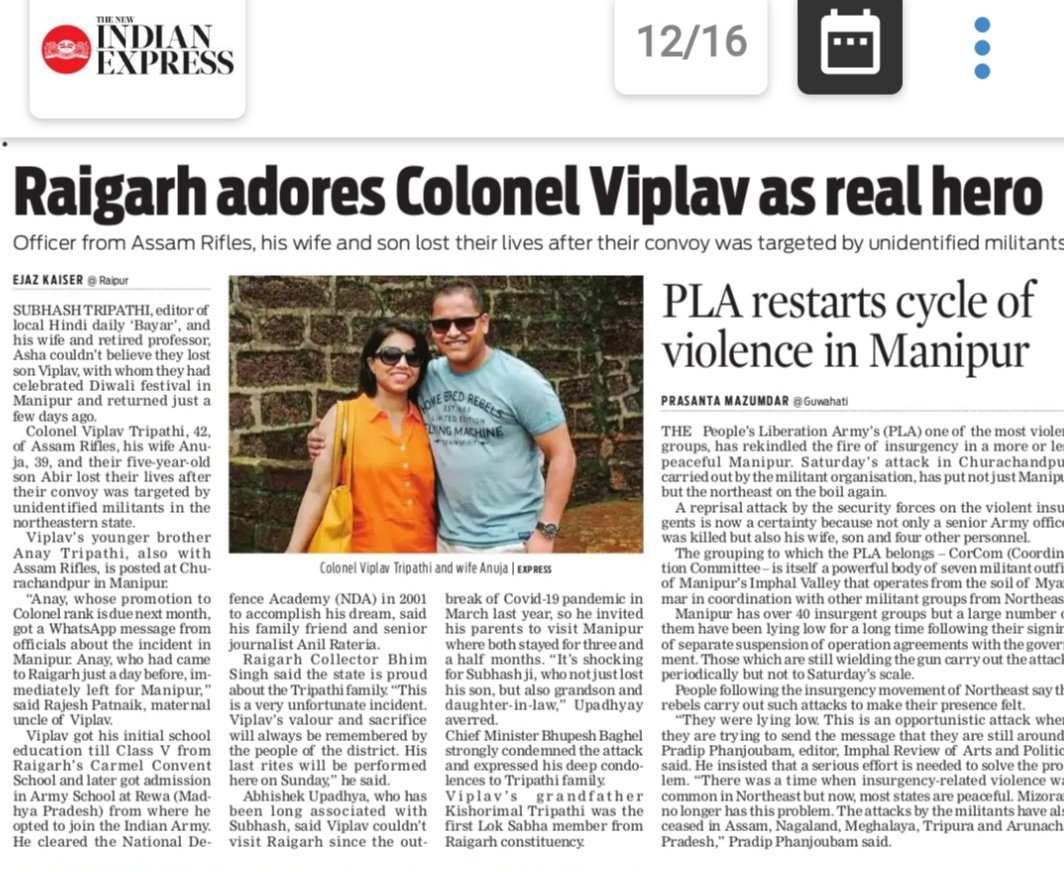 #Chhattisgarh revere Colonel #ViplavTripathi as real 'Hero', acclaimed his courage & sacrifice @NewIndianXpress @mygovindia @ChhattisgarhCMO @adgpi @PIB_India @DefenceMinIndia @DPRChhattisgarh #COAS #ManipurAmbush