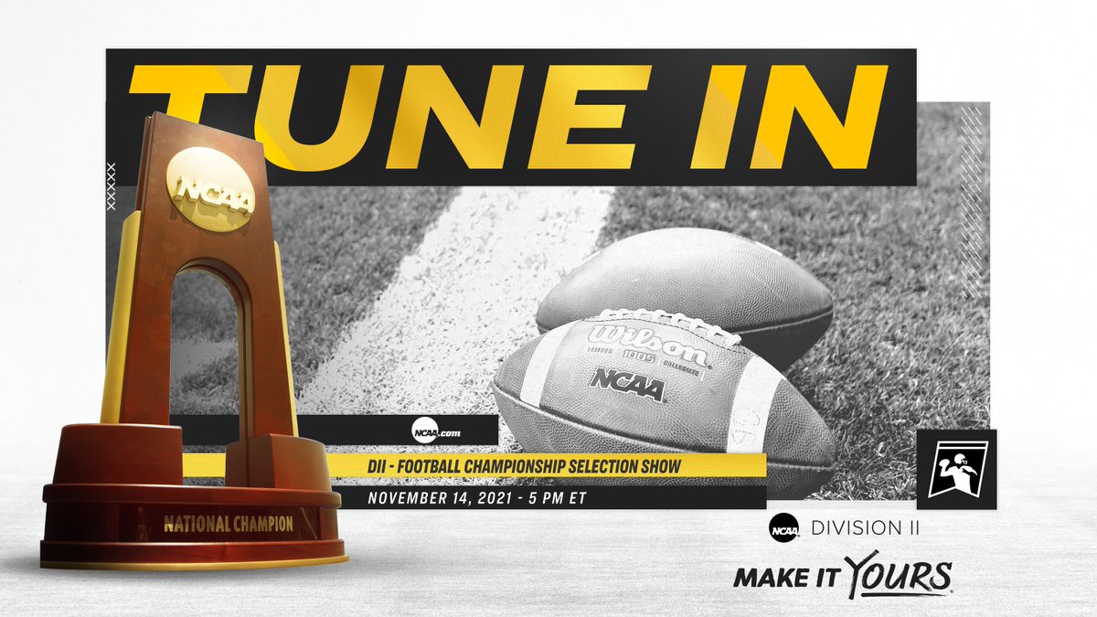 NCAADII's tweet image. IT'S SELECTION SUNDAY FOR #D2FB!

The championship field will be unveiled at 5 p.m. ET on NCAA.com: on.ncaa.com/21D2FBsp.

No. 1 seeds will be announced HERE within an hour of the selection show starting.