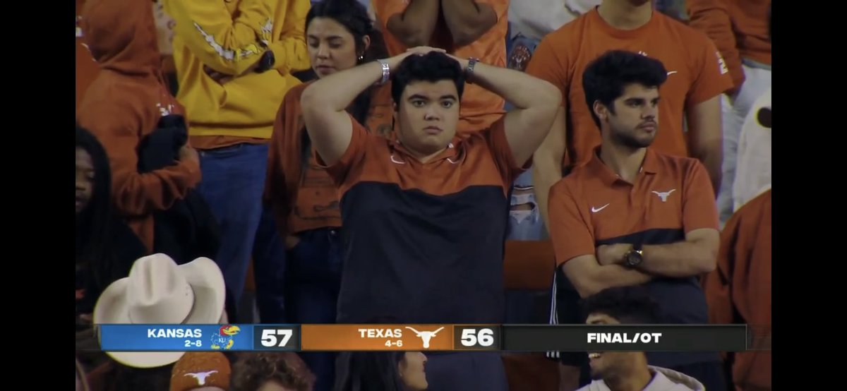 DrSampler's tweet photo. Seeing @OU_Football lose was tough today, but watching @TexasFootball lose to Kansas made this a great day. Here’s a screenshot after KU went for 2 in the first OT and won the game. #allbrake #texasmonkey #whenyoulosetokansas https://t.co/wygobIaiVz