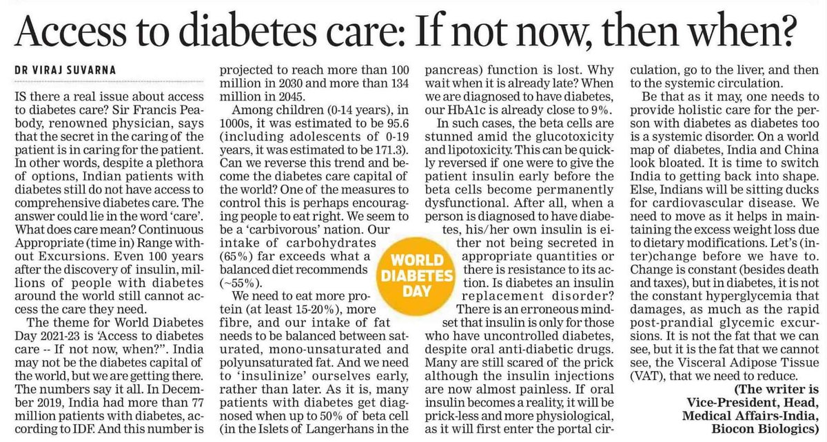 Bioconlimited's tweet photo. 'Access to #diabetes care: If no now, the when ?' A very insightful piece by Dr Viraj Suvarna, VP, Head - Medical Affairs - India @BioconBiologics on the occasion of #WorldDiabetesDay.
#ExpandingUniversalAccess #WorldDiabetesDay #WDD2021
https://t.co/GRCtJ3QbXD