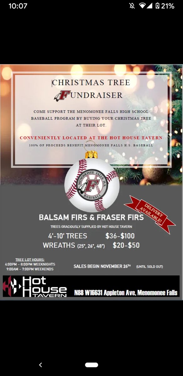 MFallsBaseball's tweet photo. Mark your calendars for our 2nd annual Christmas Tree and Wreath sale! Stop by the Hot House on Black Friday or any day after to get your tree. https://t.co/9prUOnIJpm