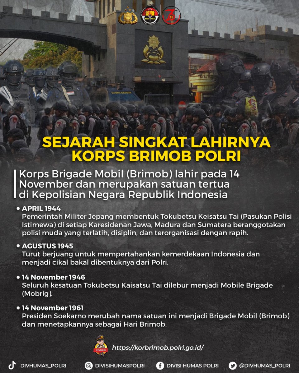 ressolokota's tweet photo. SEJARAH SINGKAT LAHIRNYA KORPS BRIMOB POLRI

Korps Brigade Mobil (Brimob) lahir pada 14 November dan merupakan satuan tertua di Kepolisian Negara Republik Indonesia https://t.co/R1B3K43qdj