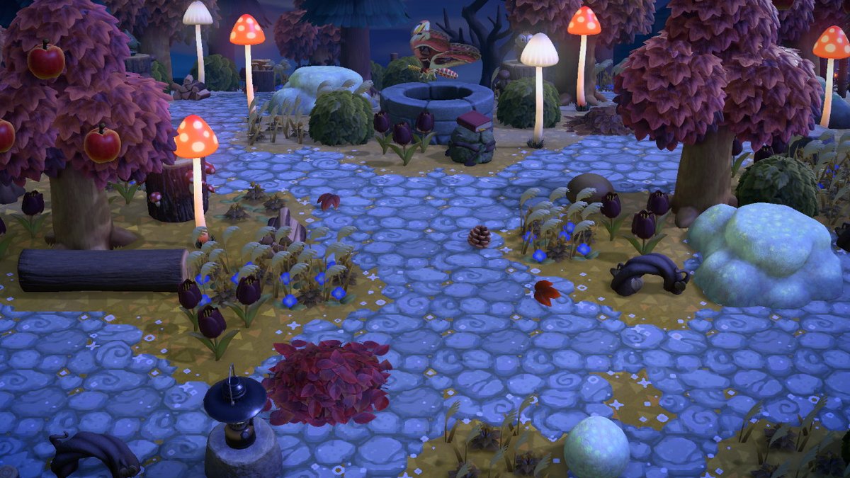 acbotanist's tweet photo. I've been working on Finchbury's entrance! I'm extremely happy with how it's coming along. The layout is inspired by @autumnweeds no terraforming entrances, but the final design is my own. A spooky autumn mush vibe.

#acnhinspo #animalcrossing #acnh #acnhdesign https://t.co/iHz9PnSu7C
