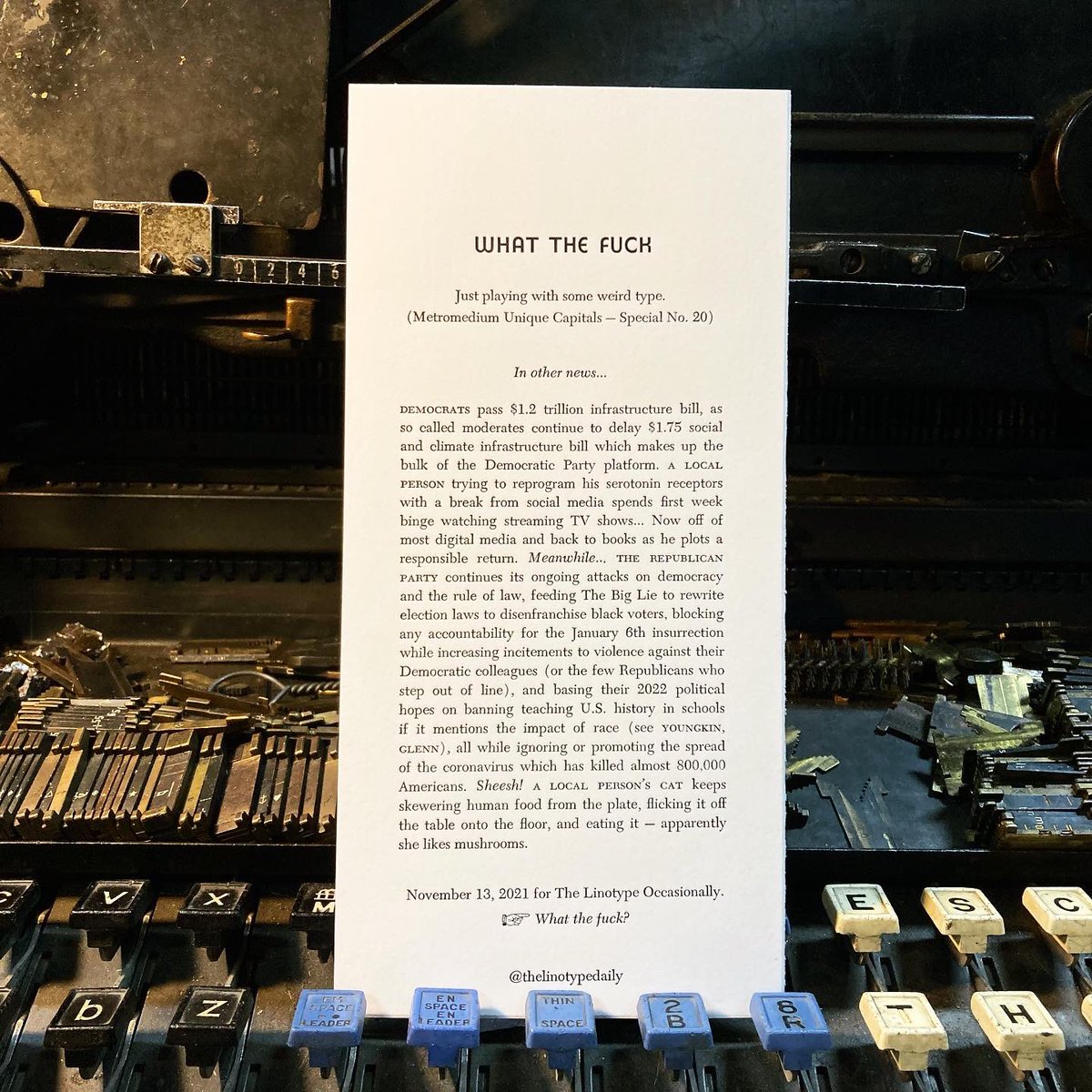 TLinotypist's tweet photo. Just a quick update from a hot metal typecasting, social media-free zone! (I.é., uploading this post but signing right back out) Serotonin receptor reprogramming is hard work! #letterpress #linotype #infrastructure #serotonin #thebiglie #cats #dwiggins #whatthefuck https://t.co/sz5FVsb1oS