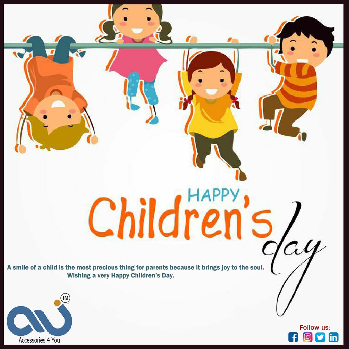AccessoryAu's tweet photo. A Smile of a child is the most precious thing for parents because it brings joy to the soul.
Wishing a very Happy Children’s Day.
#childrensday #happychildrensday #joy #soul #precious #child #parents #auaccessories #mobileaccessories #thinkau #thinkquality #vocalforlocal https://t.co/n62zRhuxcM